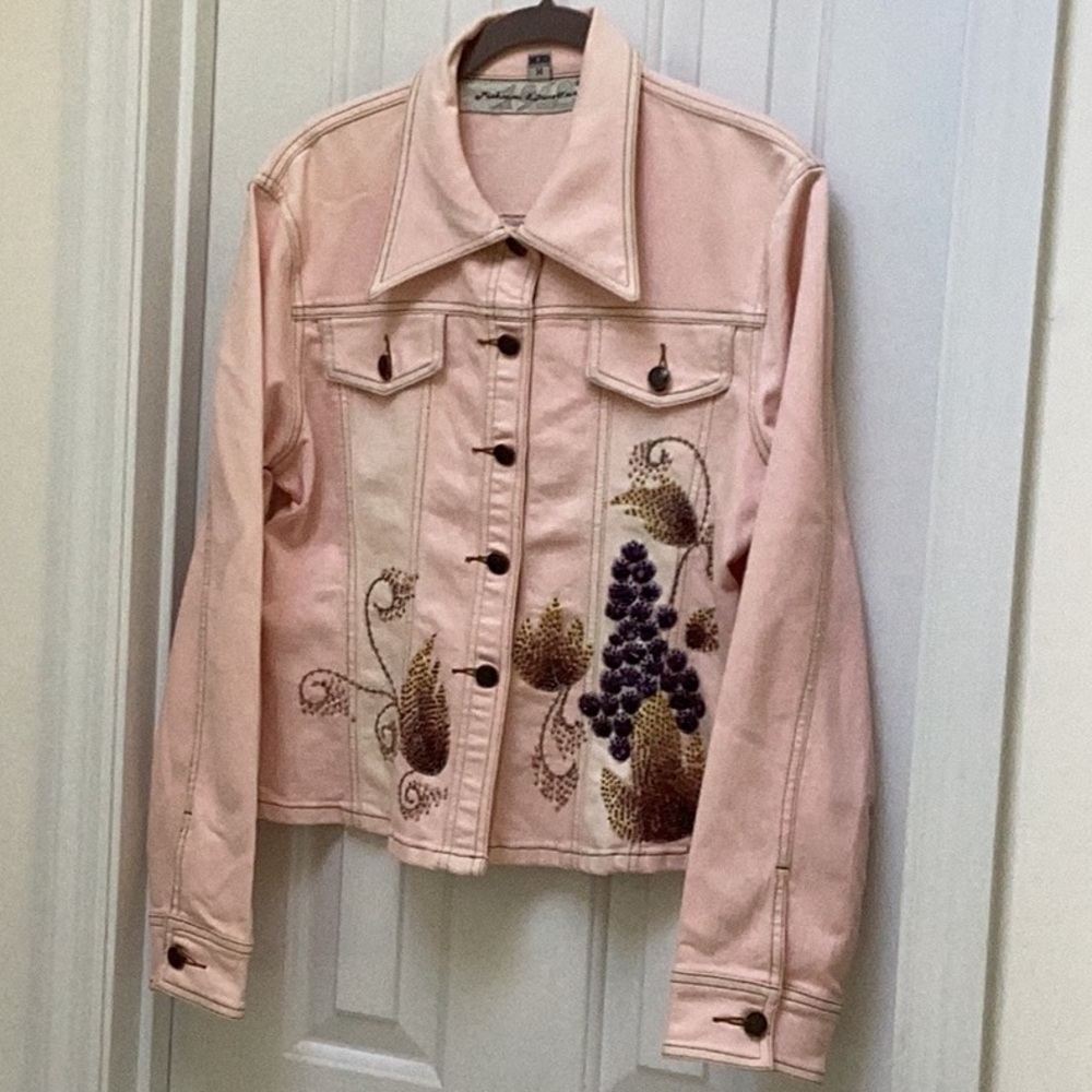 Michael R Dan 1962 vintage jean jacket beaded maximalist pink whimsy M